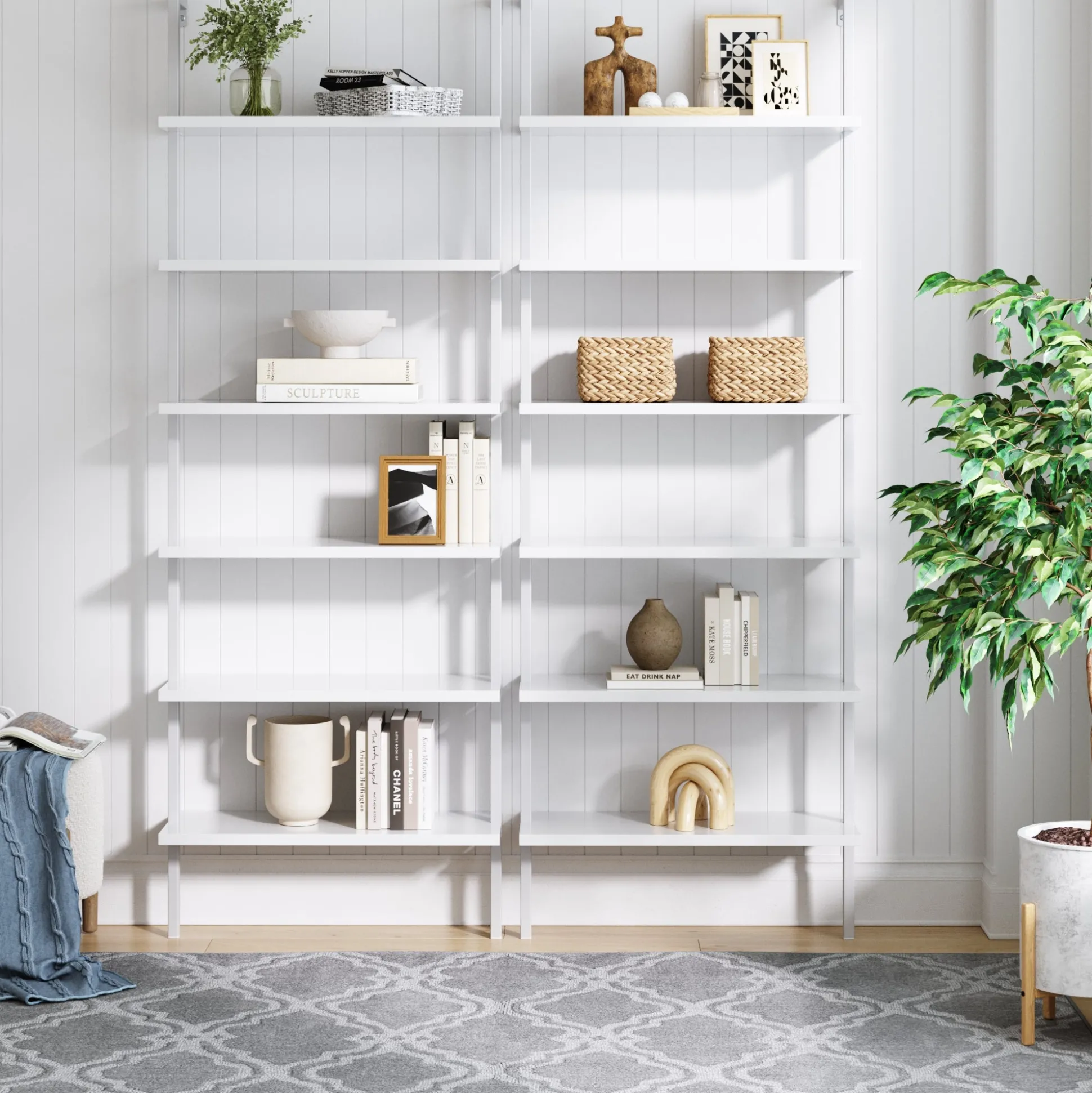 6-Shelf Ladder Bookshelf White (Set of 2)
