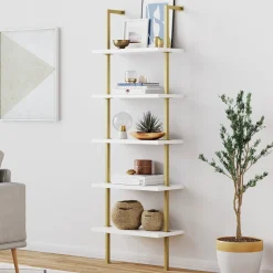 5-Shelf Ladder Bookshelf White Gold