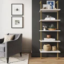 5-Shelf Ladder Bookshelf White Gold