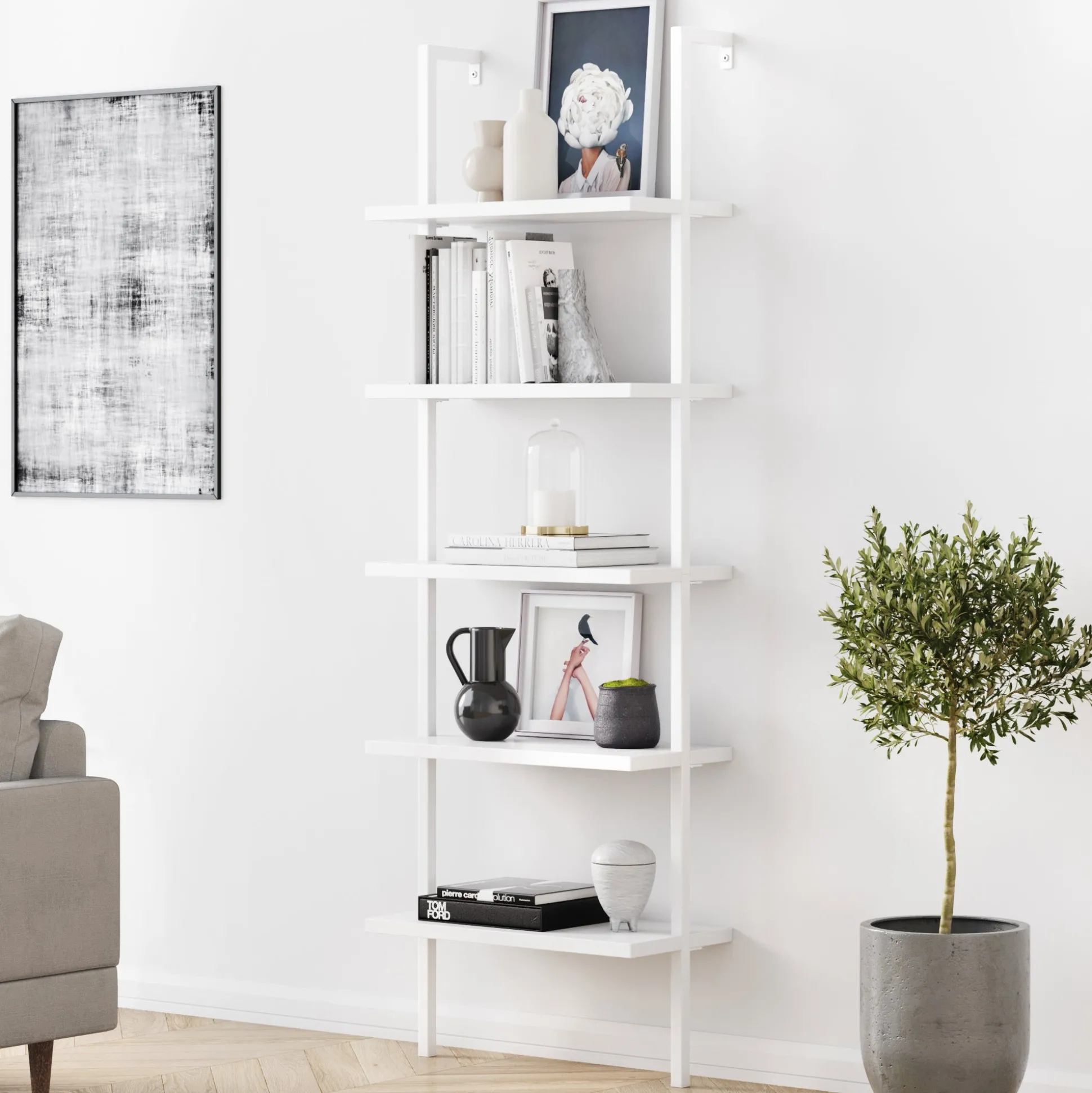 5-Shelf Ladder Bookshelf White