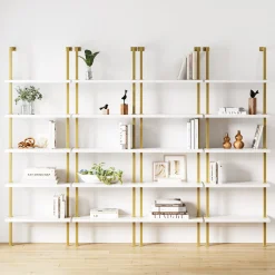 5-Shelf Ladder Wall Bookshelves White Gold (Set of 4)