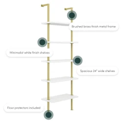 5-Shelf Ladder Wall Bookshelves White Gold (Set of 2)