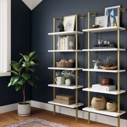 5-Shelf Ladder Wall Bookshelves White Gold (Set of 2)
