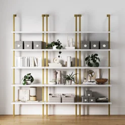 5-Shelf Ladder Wall Bookshelves White Gold (Set of 3)