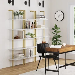 5-Shelf Ladder Wall Bookshelves White Gold (Set of 3)