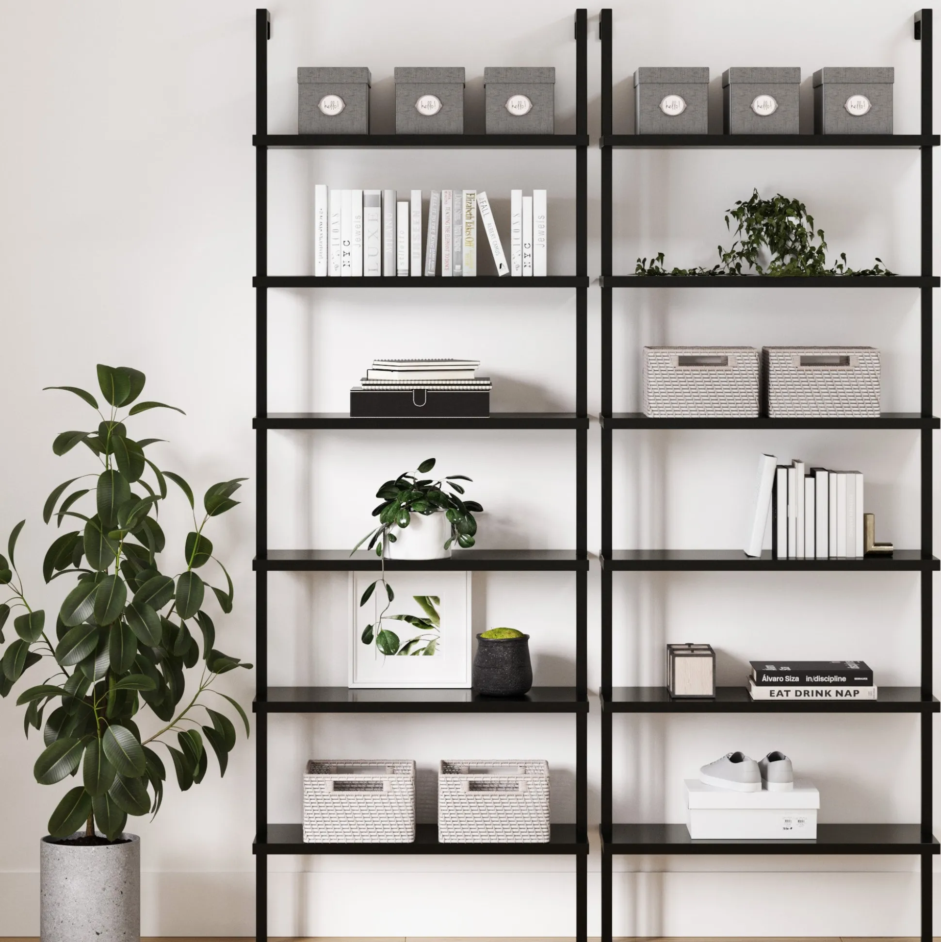 6-Shelf Wall Mount Bookshelf Black (Set of 2)