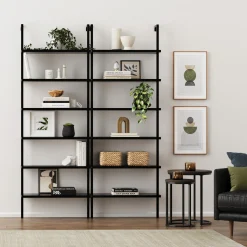 6-Shelf Wall Mount Bookshelf Black (Set of 2)