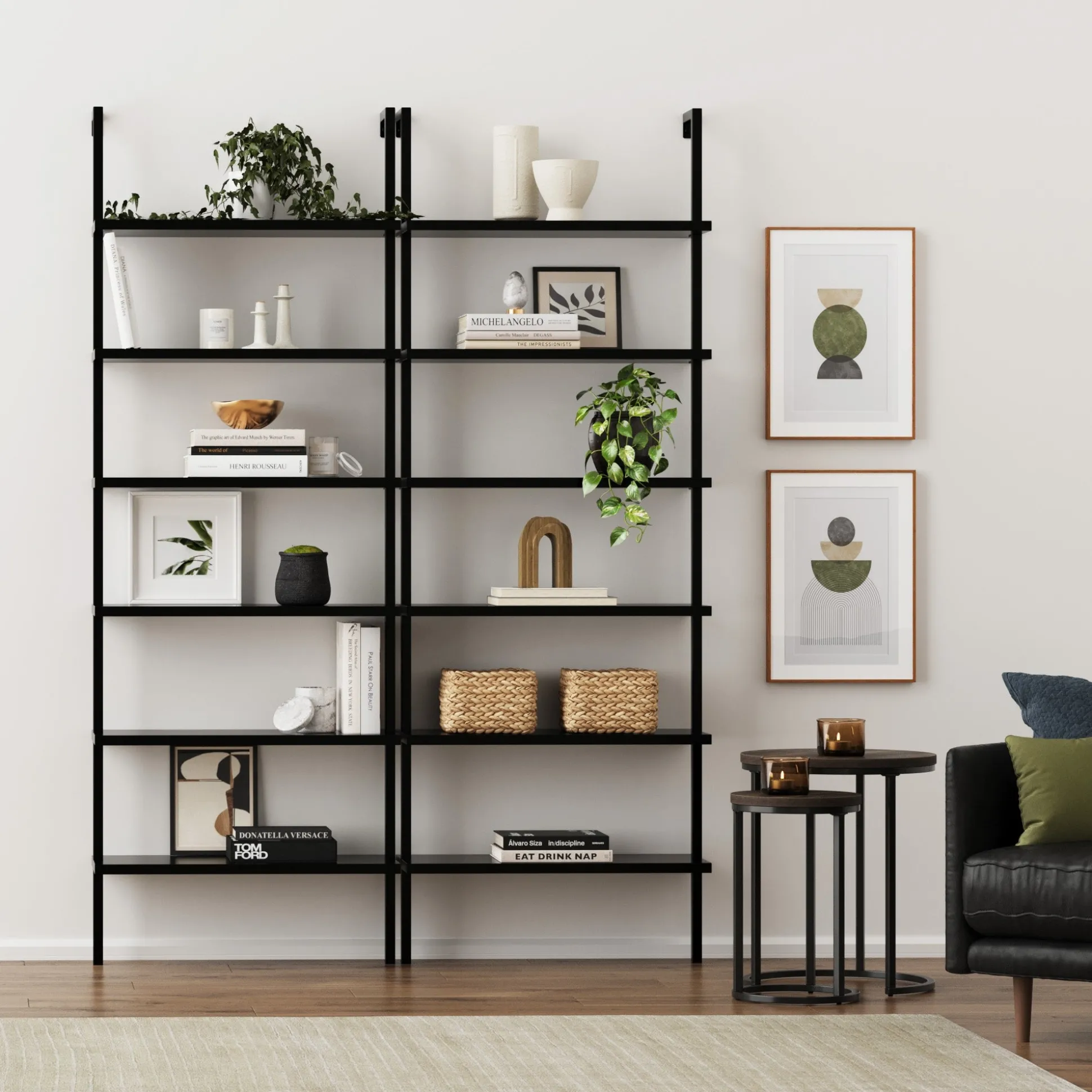6-Shelf Wall Mount Bookshelf Black (Set of 2)