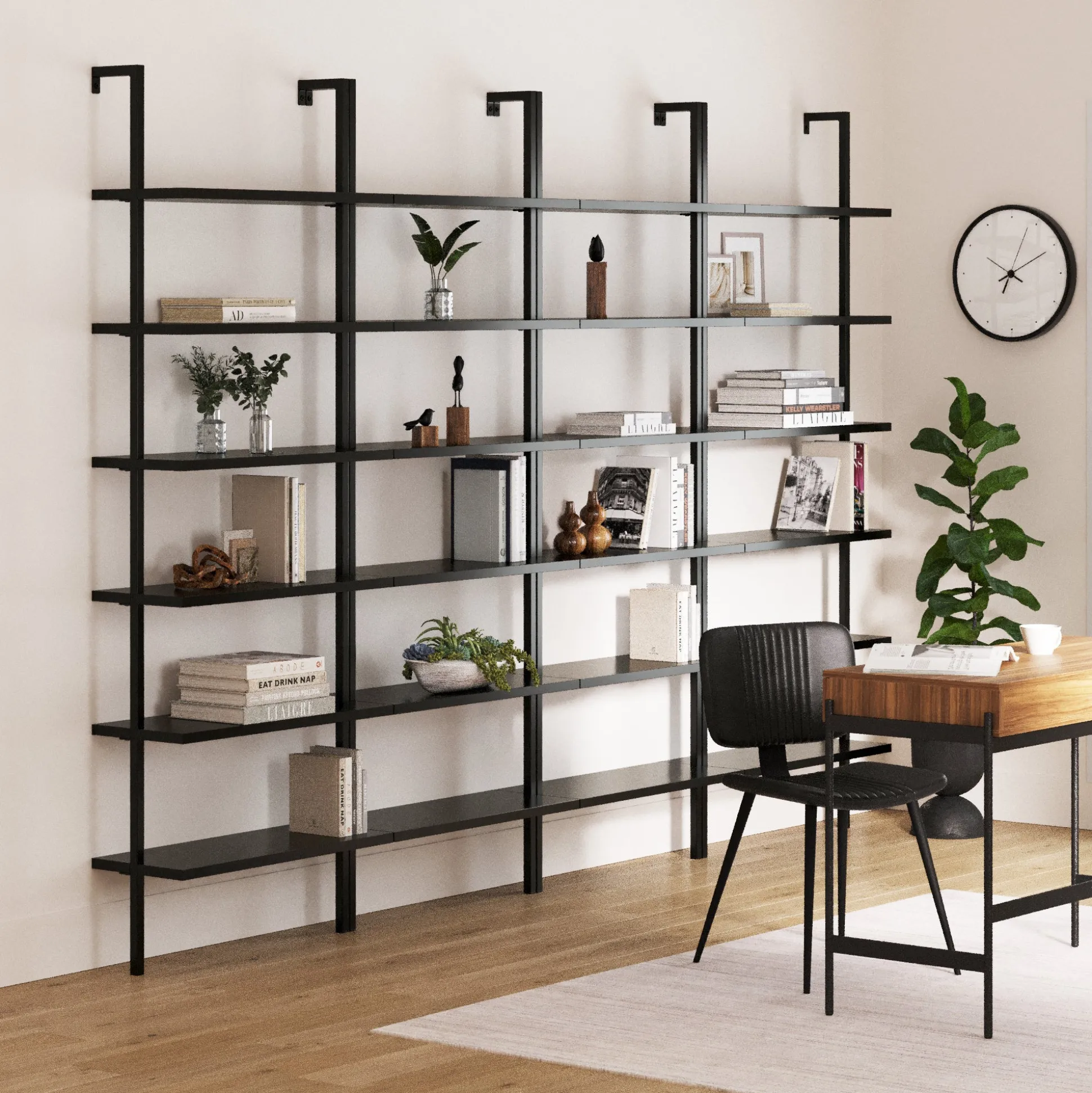 6-Shelf Wall Mount Bookshelf Black (Set of 4)
