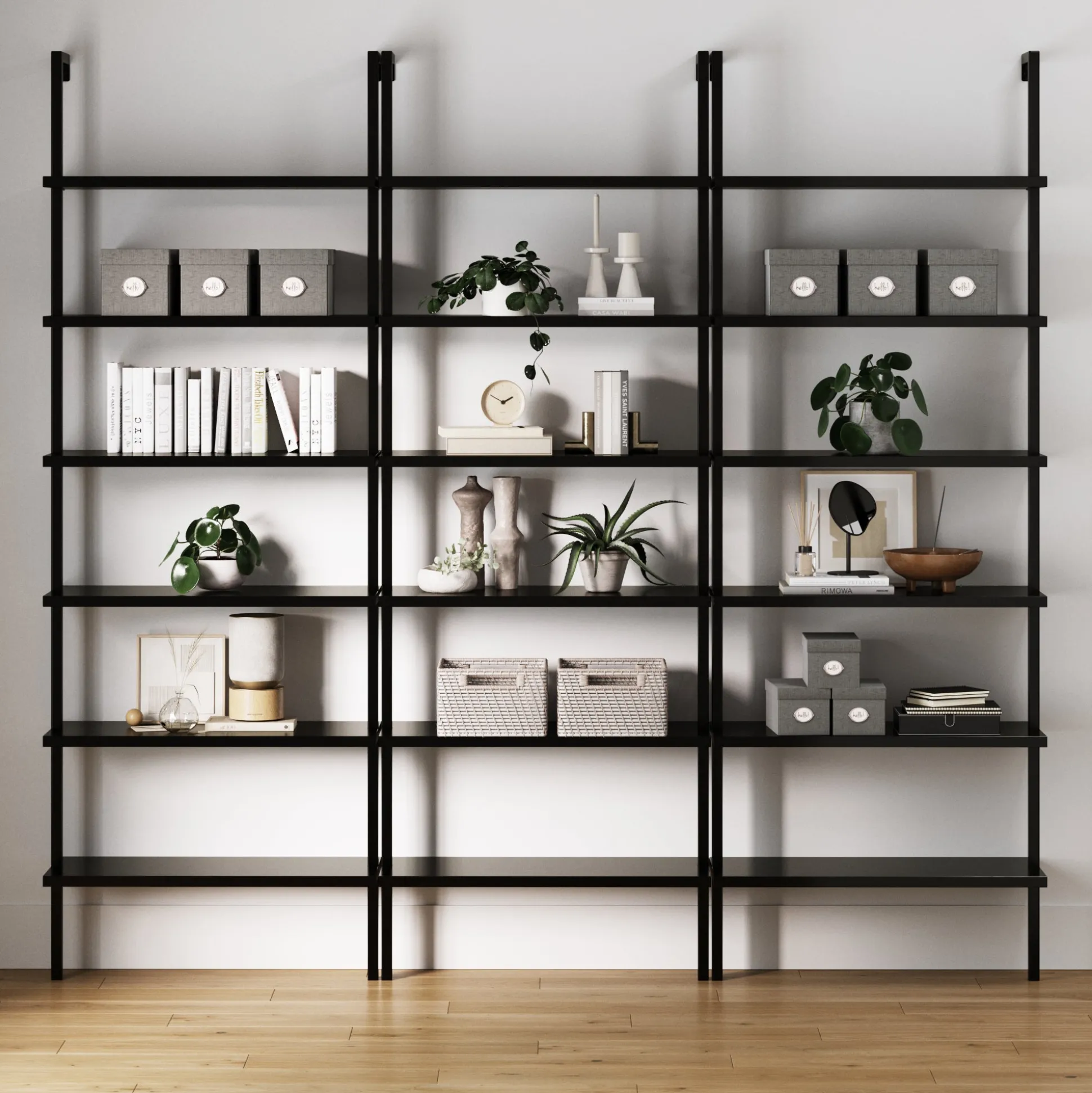 6-Shelf Wall Mount Bookshelf Black (Set of 3)