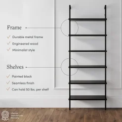 6-Shelf Wall Mount Bookshelf Black (Set of 3)