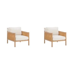 Solid Wood Boucle Accent Chair Rattan Arm Cream/Raw Oak (Set of 2)
