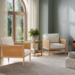 Solid Wood Boucle Accent Chair Rattan Arm Cream/Raw Oak (Set of 2)