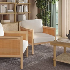 Solid Wood Boucle Accent Chair Rattan Arm Cream/Raw Oak (Set of 2)