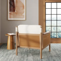 Solid Wood Boucle Accent Chair Rattan Arm Cream/Raw Oak