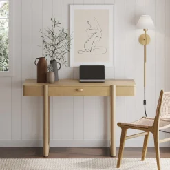 Solid Wood Desk with Drawer & Rounded Legs Light Brown