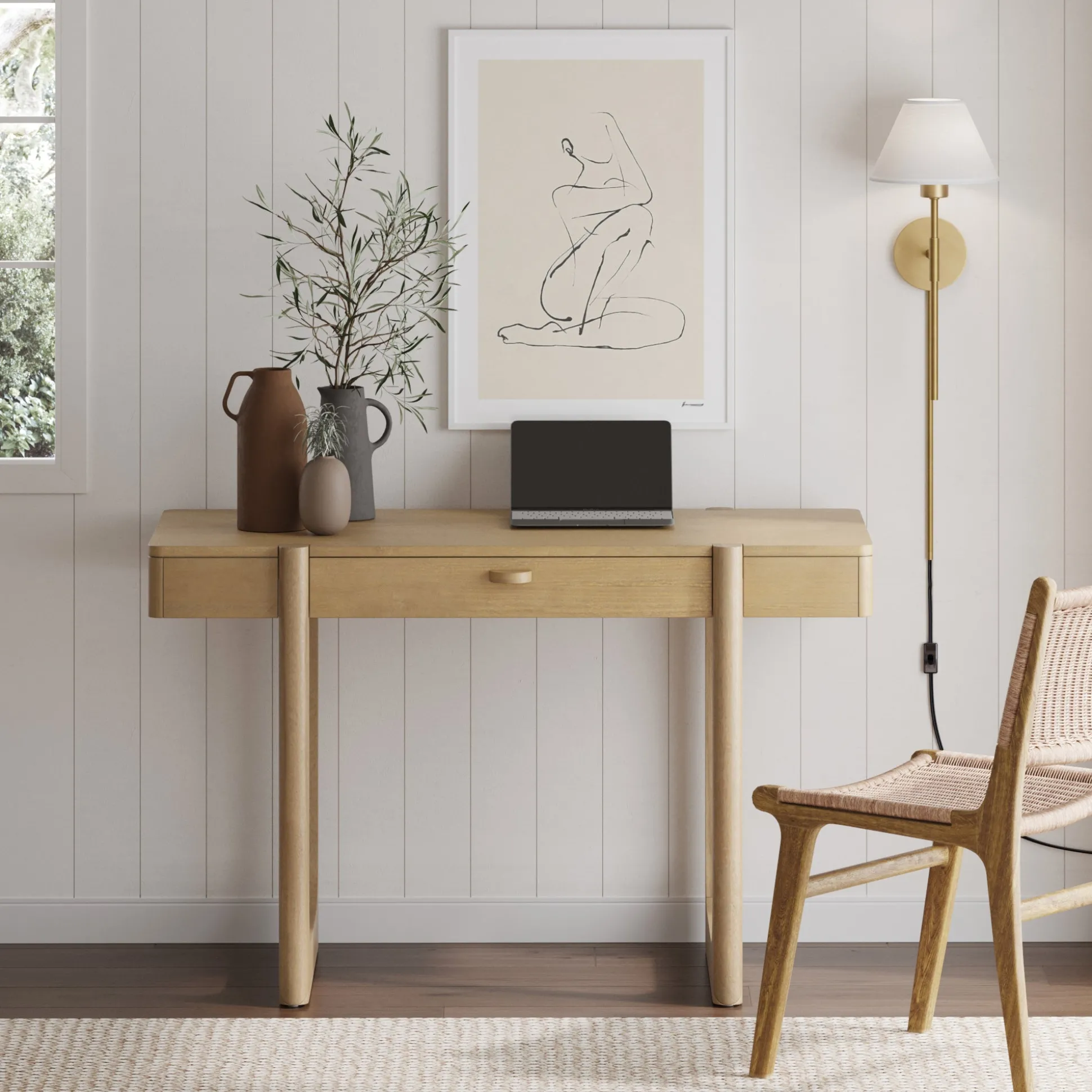 Solid Wood Desk with Drawer & Rounded Legs Light Brown