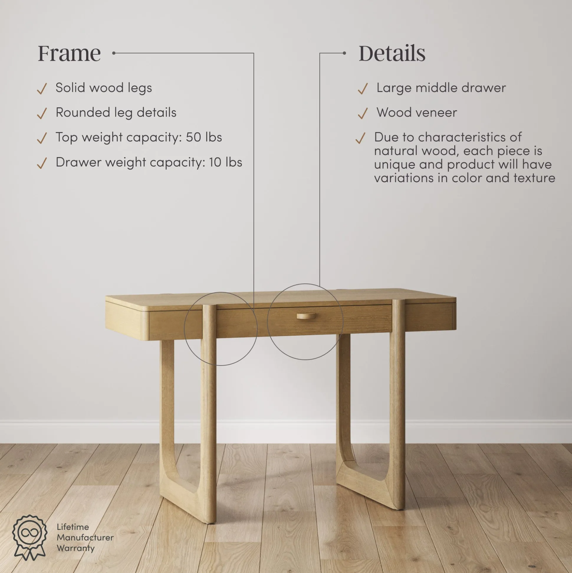 Solid Wood Desk with Drawer & Rounded Legs Light Brown