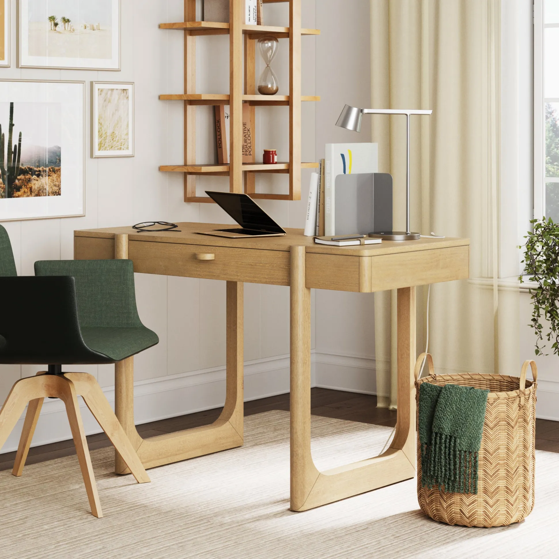 Solid Wood Desk with Drawer & Rounded Legs Light Brown