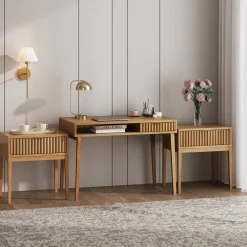 Solid Wood Fluted Desk & 2 Nightstands Bedroom Vanity Set