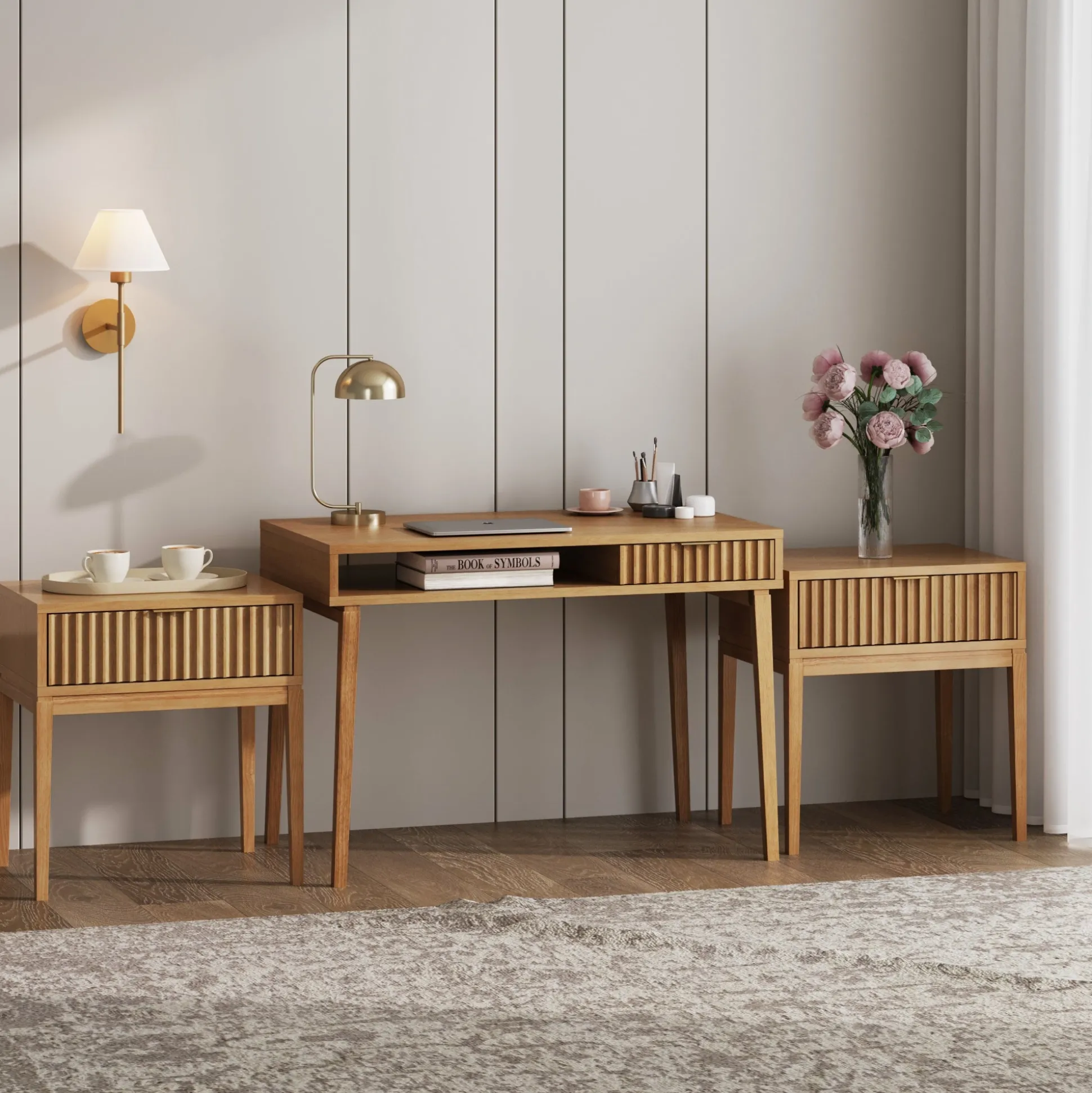 Solid Wood Fluted Desk & 2 Nightstands Bedroom Vanity Set