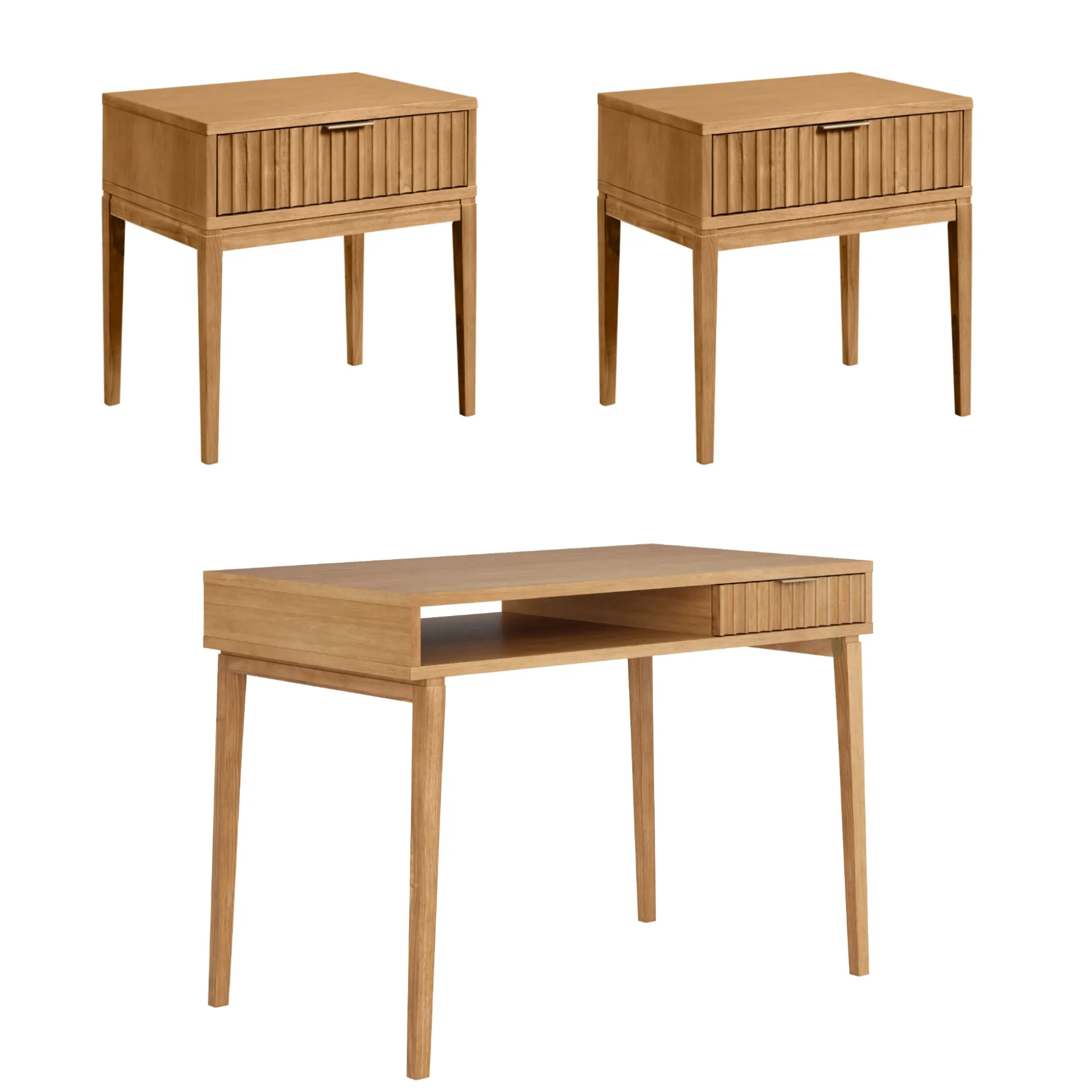 Solid Wood Fluted Desk & 2 Nightstands Bedroom Vanity Set