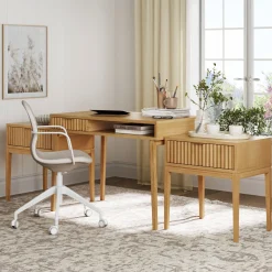 Solid Wood Fluted Desk & 2 Nightstands Bedroom Vanity Set