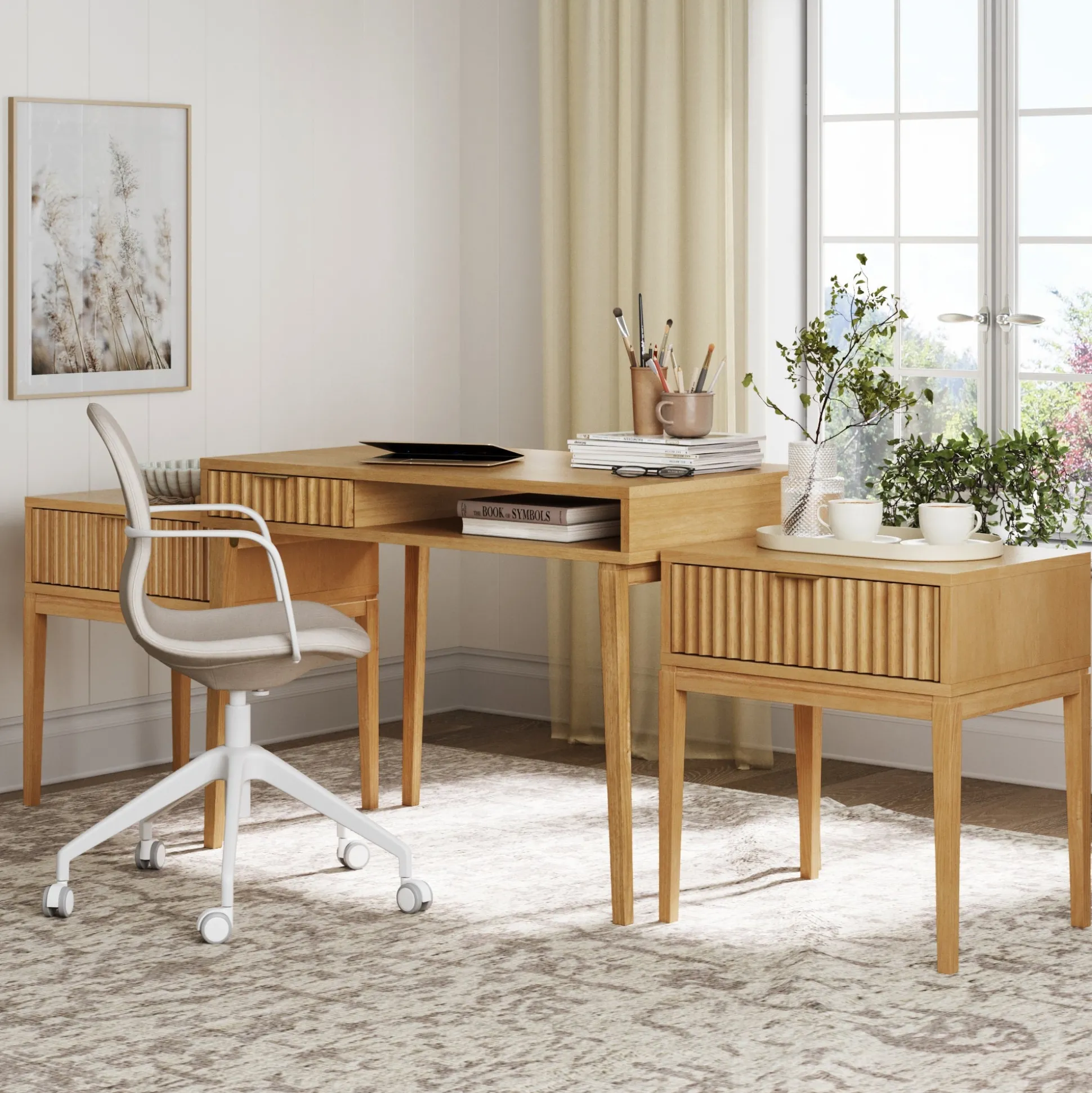 Solid Wood Fluted Desk & 2 Nightstands Bedroom Vanity Set