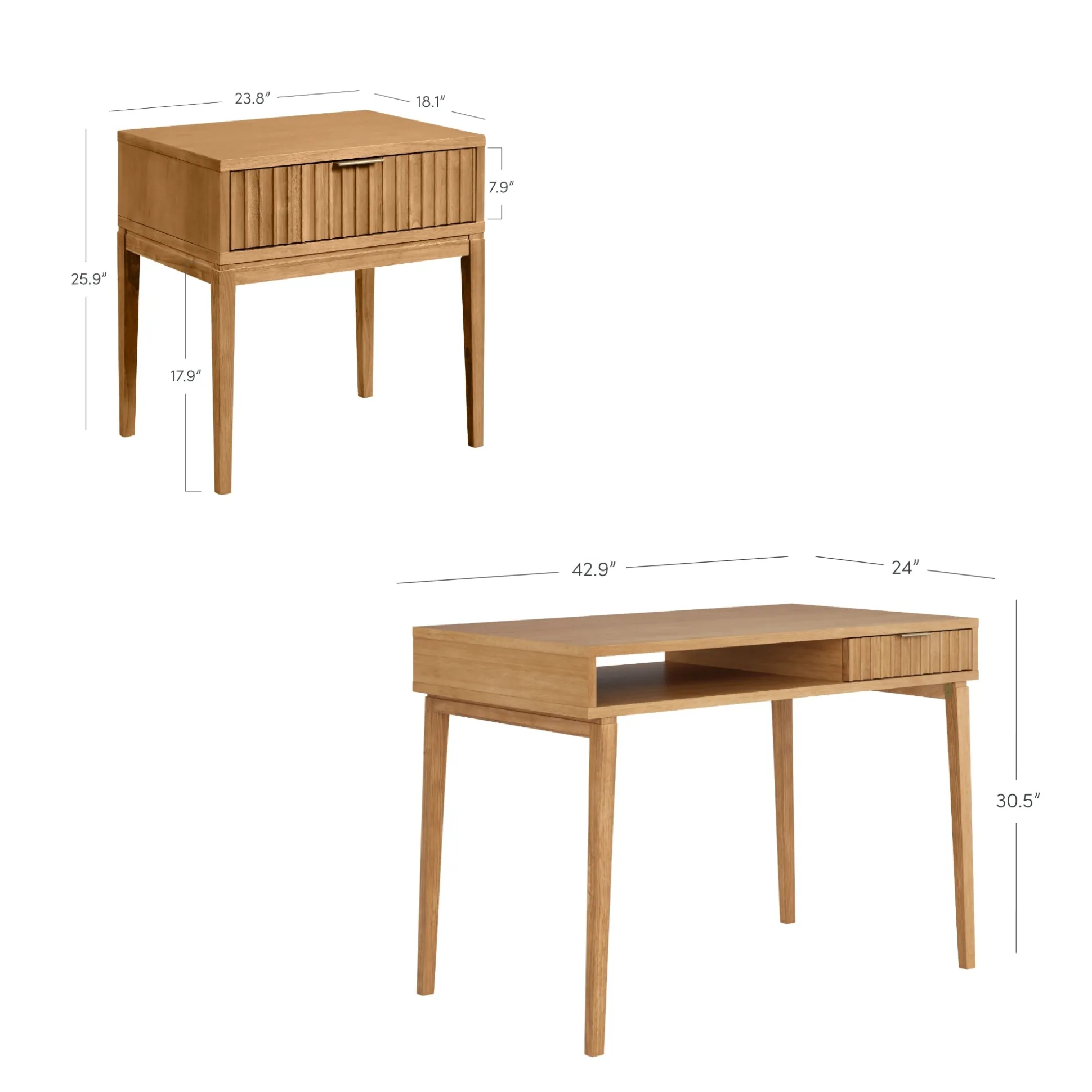 Solid Wood Fluted Desk & 2 Nightstands Bedroom Vanity Set
