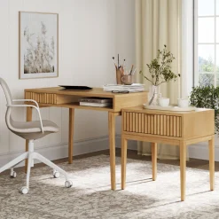 Solid Wood Fluted Desk & Nightstand Bedroom Vanity Set