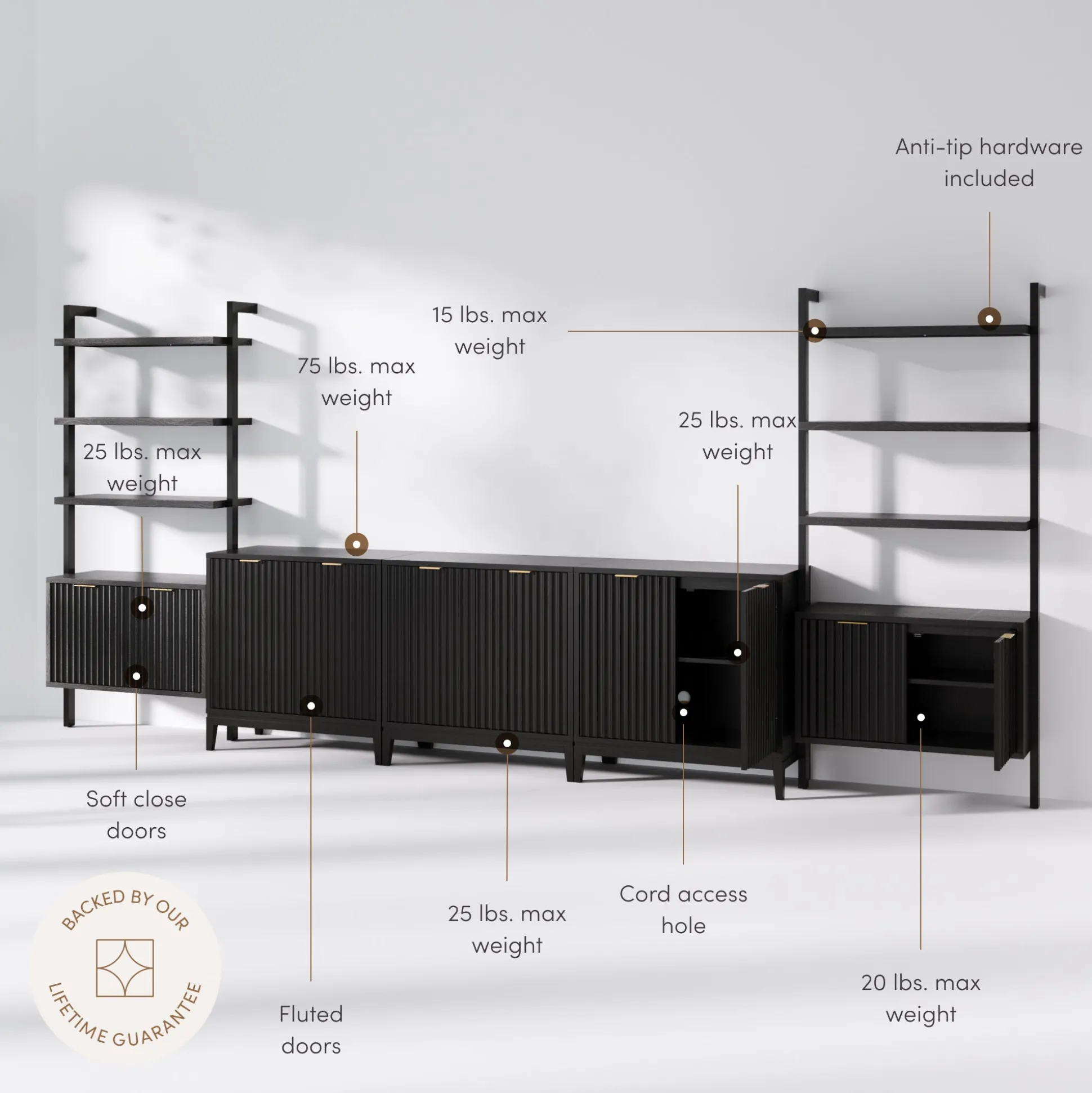Solid Wood Fluted Entertainment Center (3 Cabinets)