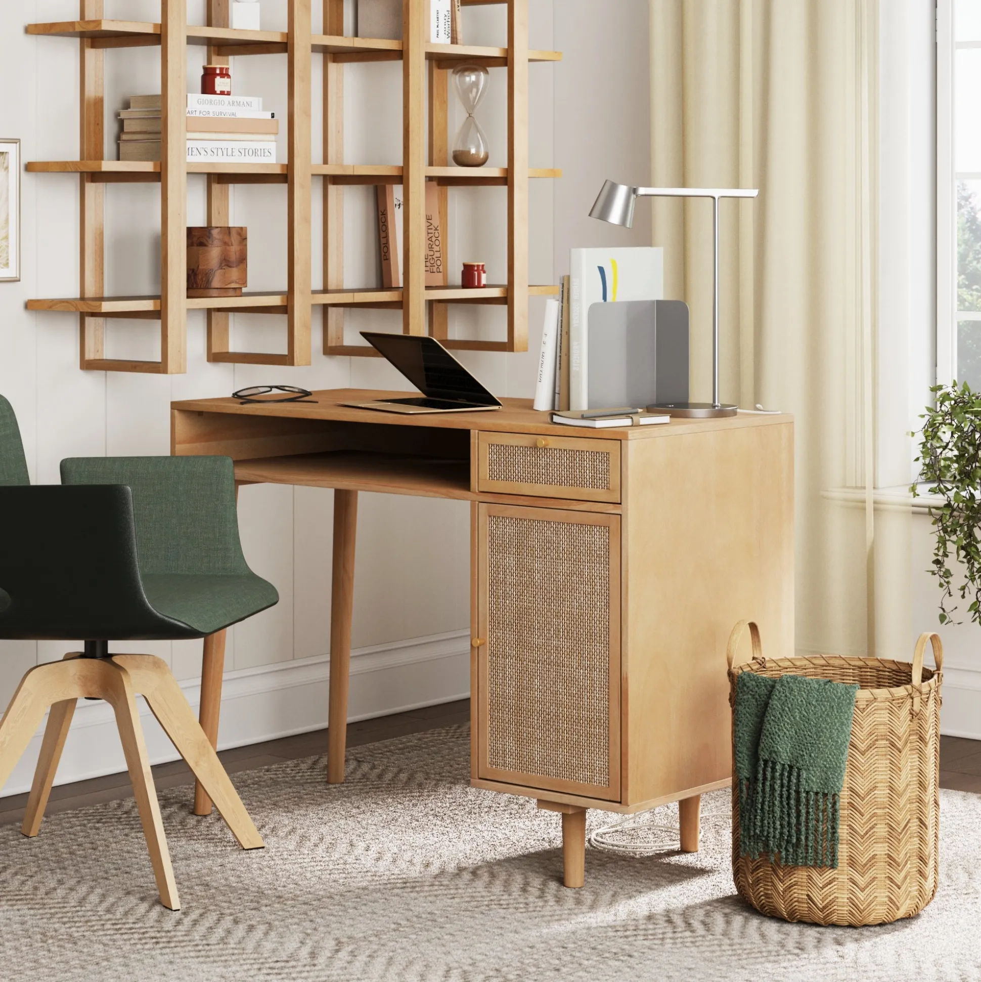 Solid Wood & Rattan Desk and Bookshelf Wall Unit