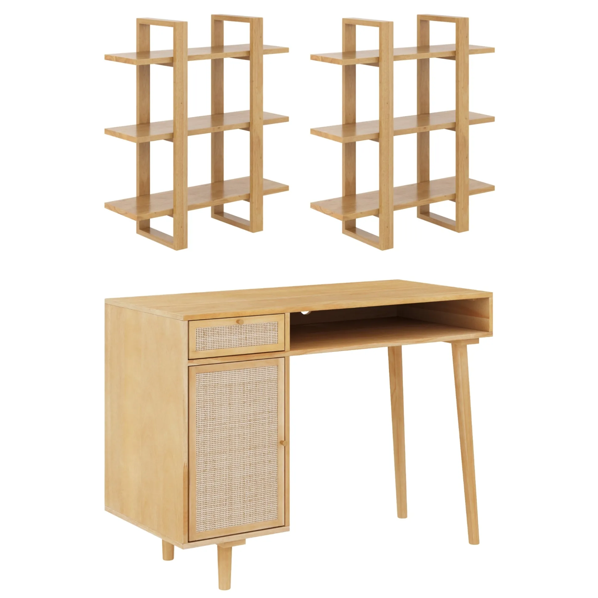 Solid Wood & Rattan Desk and Bookshelf Wall Unit