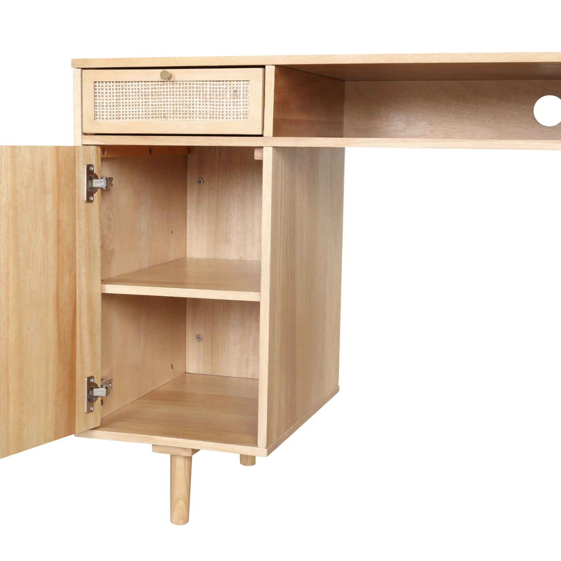 Solid Wood & Rattan Desk and Bookshelf Wall Unit