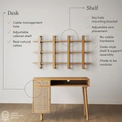 Solid Wood & Rattan Desk and Bookshelf Wall Unit