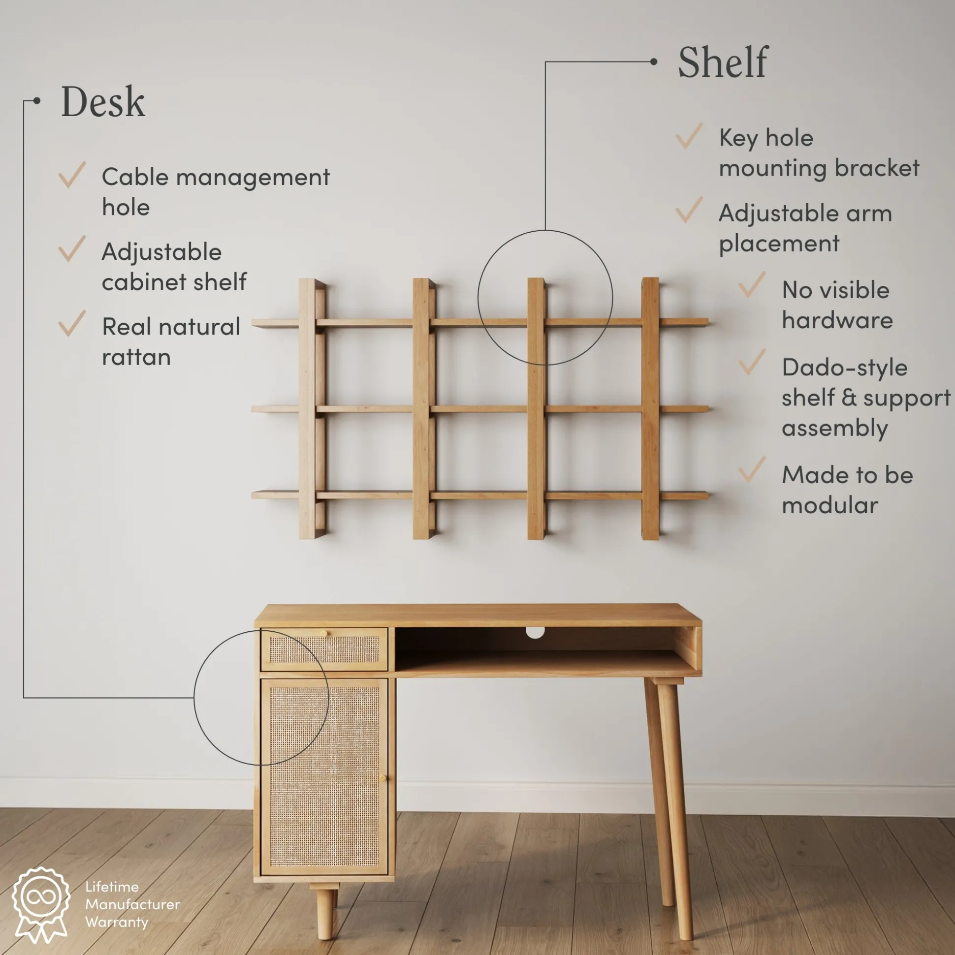Solid Wood & Rattan Desk and Bookshelf Wall Unit