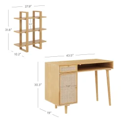 Solid Wood & Rattan Desk & Bookshelf Wall Unit