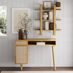 Solid Wood & Rattan Desk & Bookshelf Wall Unit