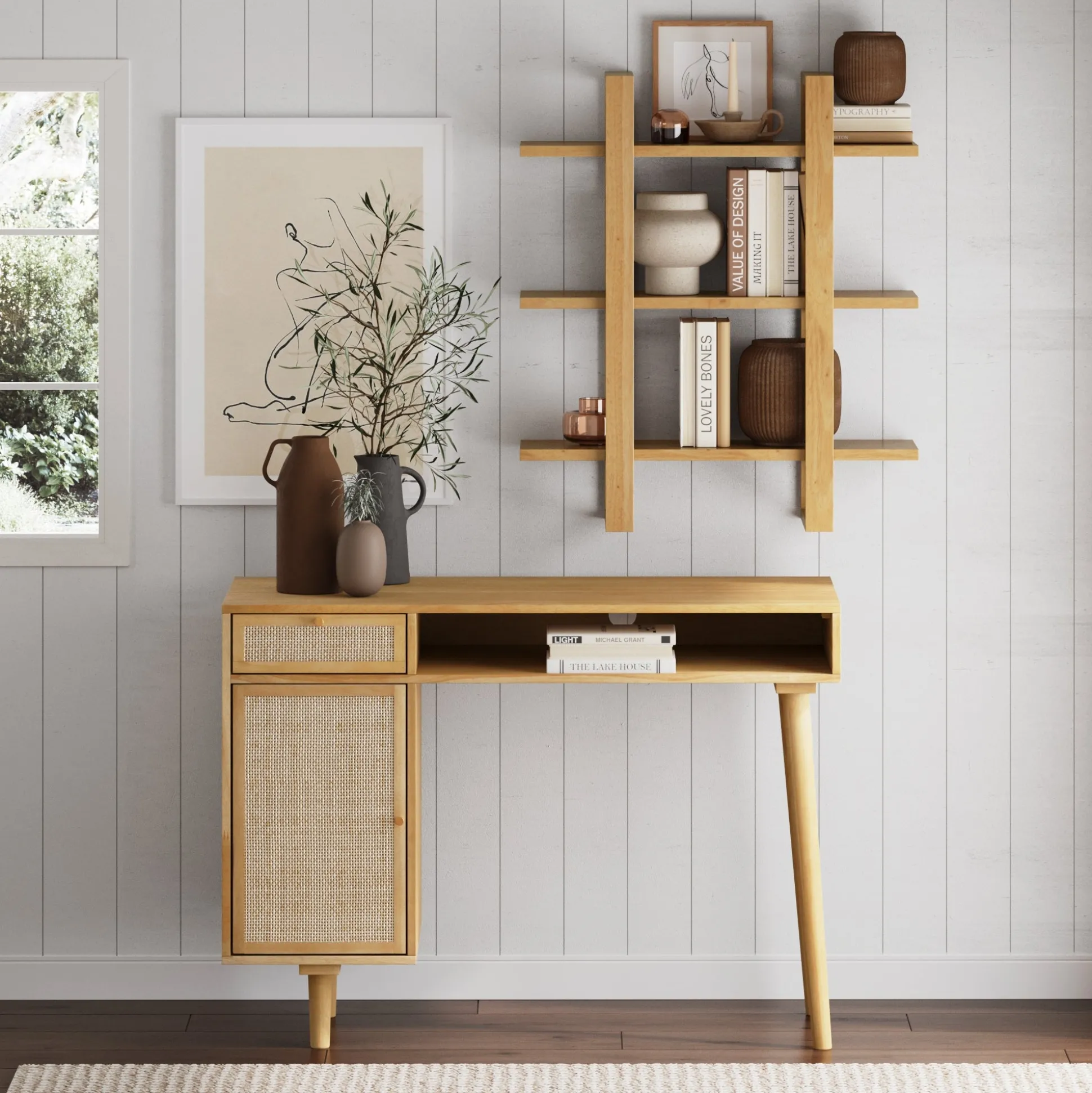 Solid Wood & Rattan Desk & Bookshelf Wall Unit