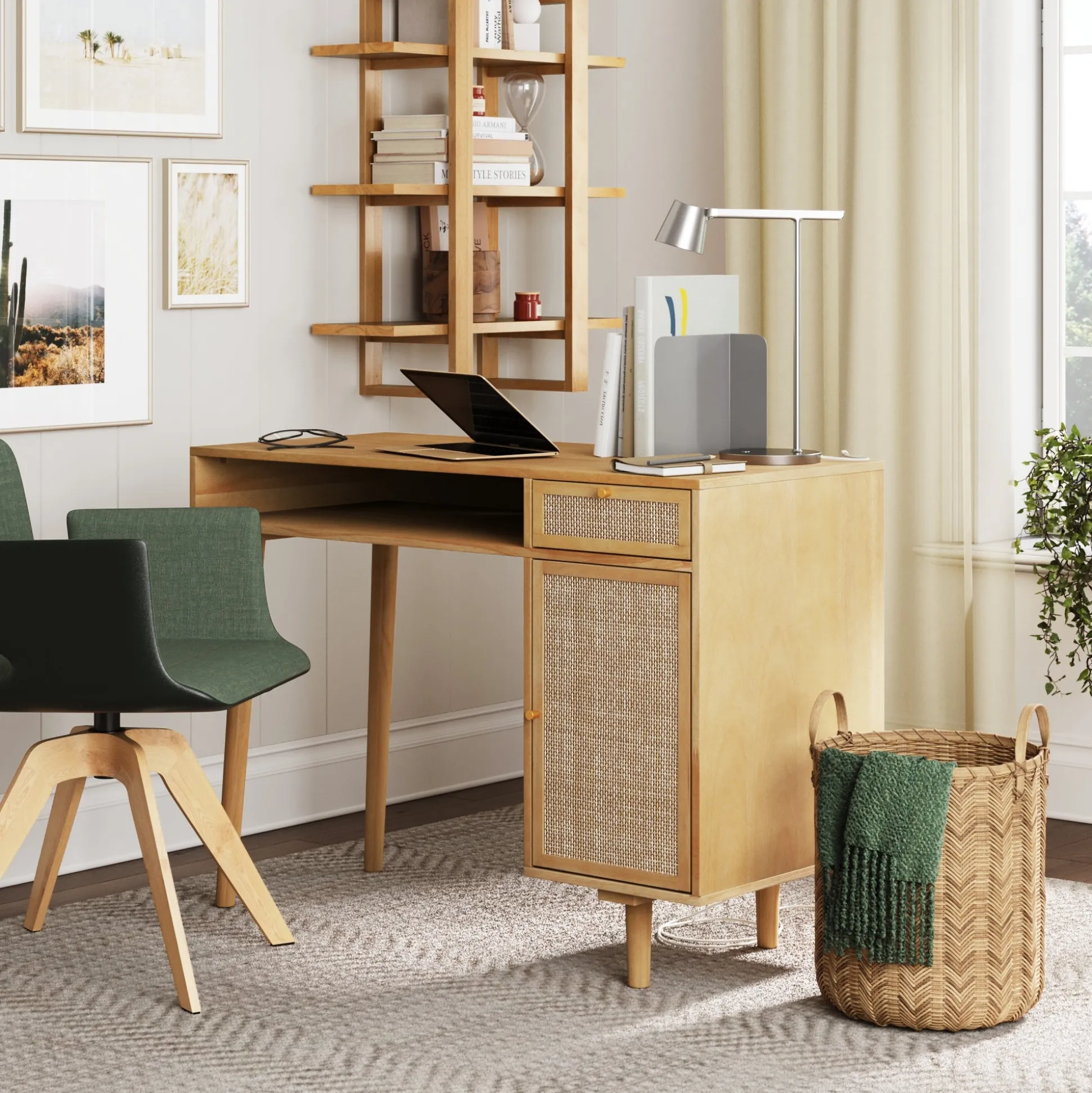 Solid Wood & Rattan Desk & Bookshelf Wall Unit