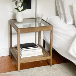 Solid Wood Rattan & Glass End Table Set of 2