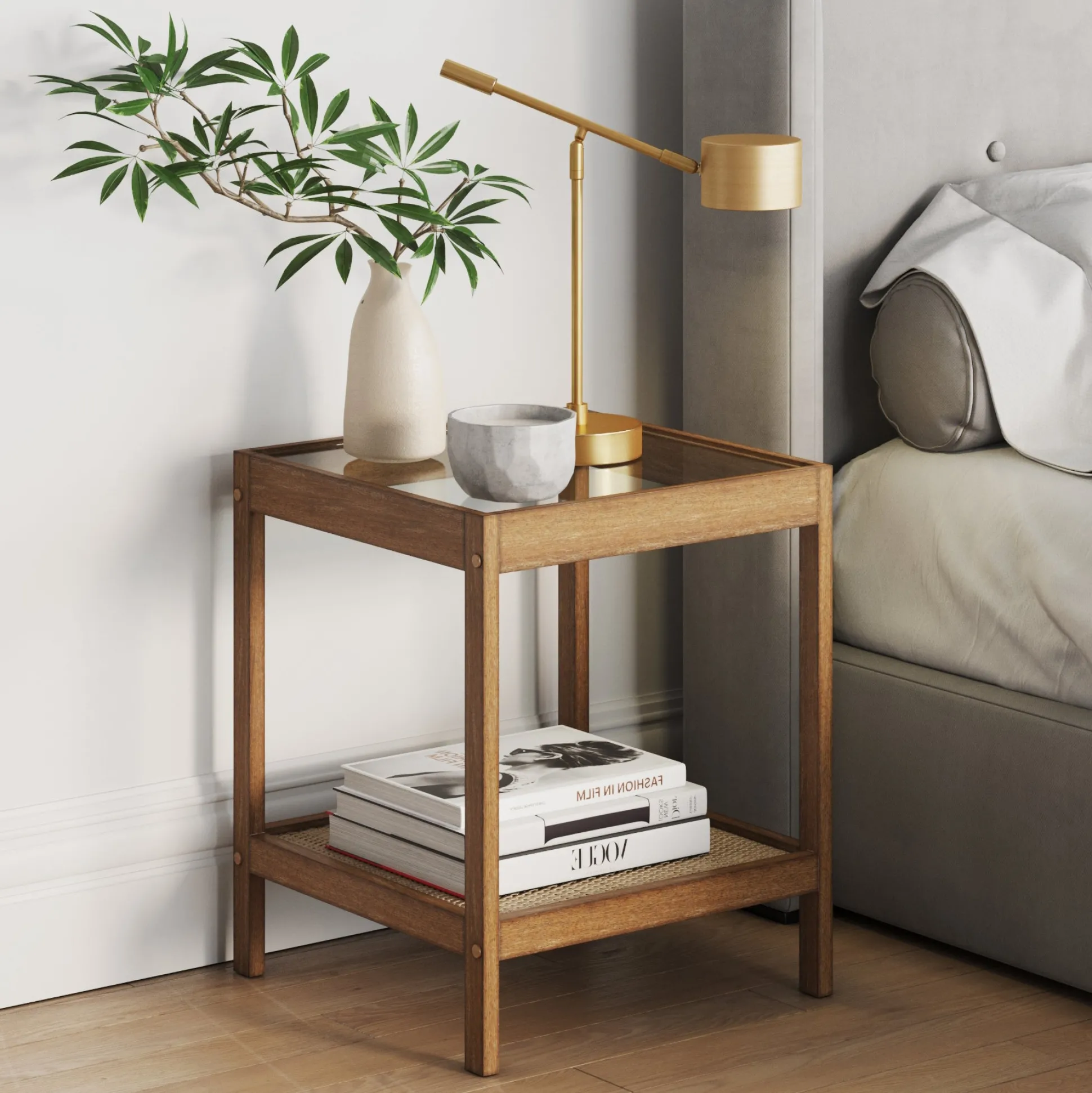 Solid Wood, Rattan & Glass Top End Table