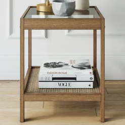 Solid Wood, Rattan & Glass Top End Table