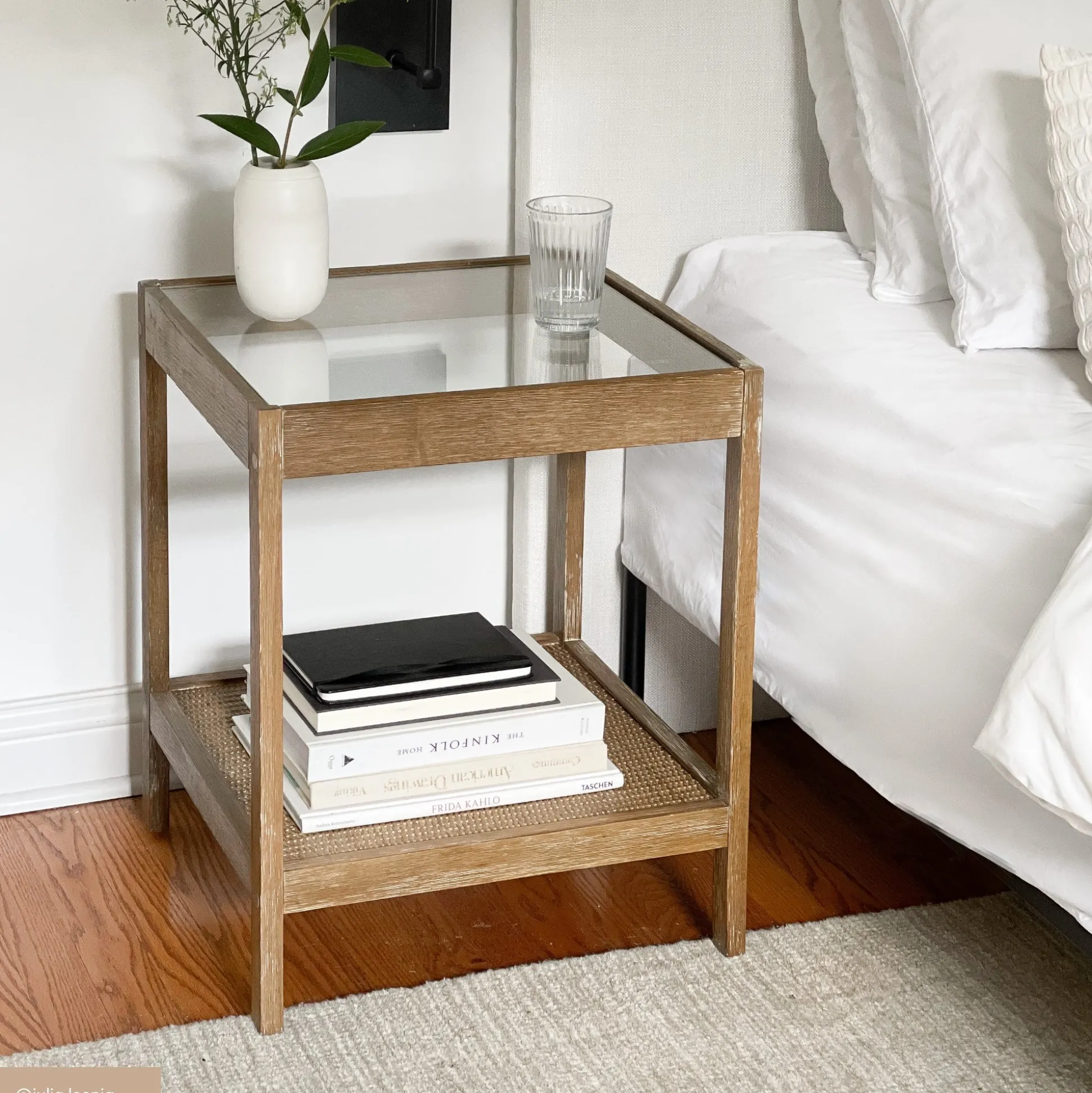 Solid Wood, Rattan & Glass Top End Table
