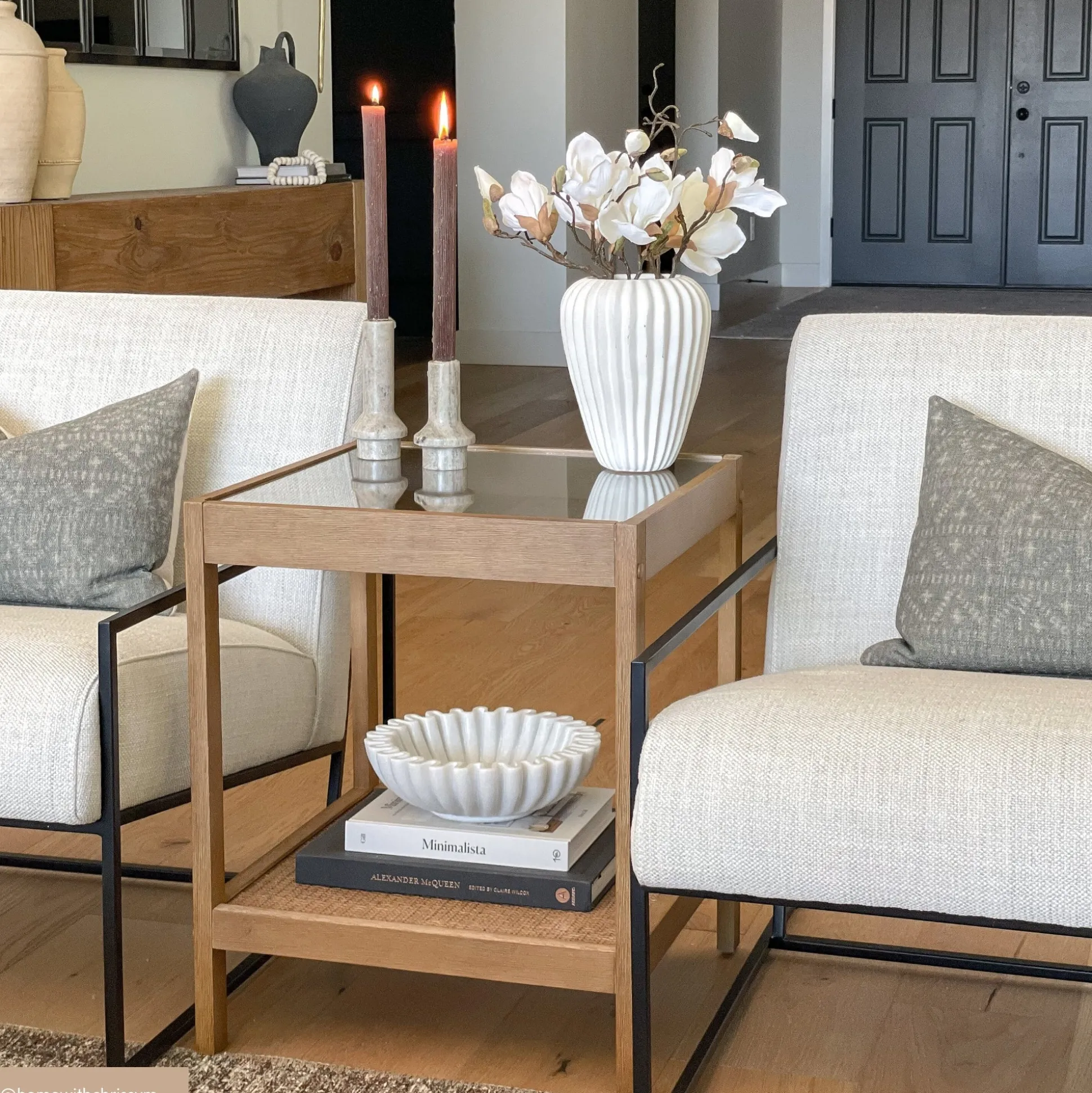 Solid Wood, Rattan & Glass Top End Table