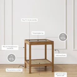Solid Wood, Rattan & Glass Top End Table