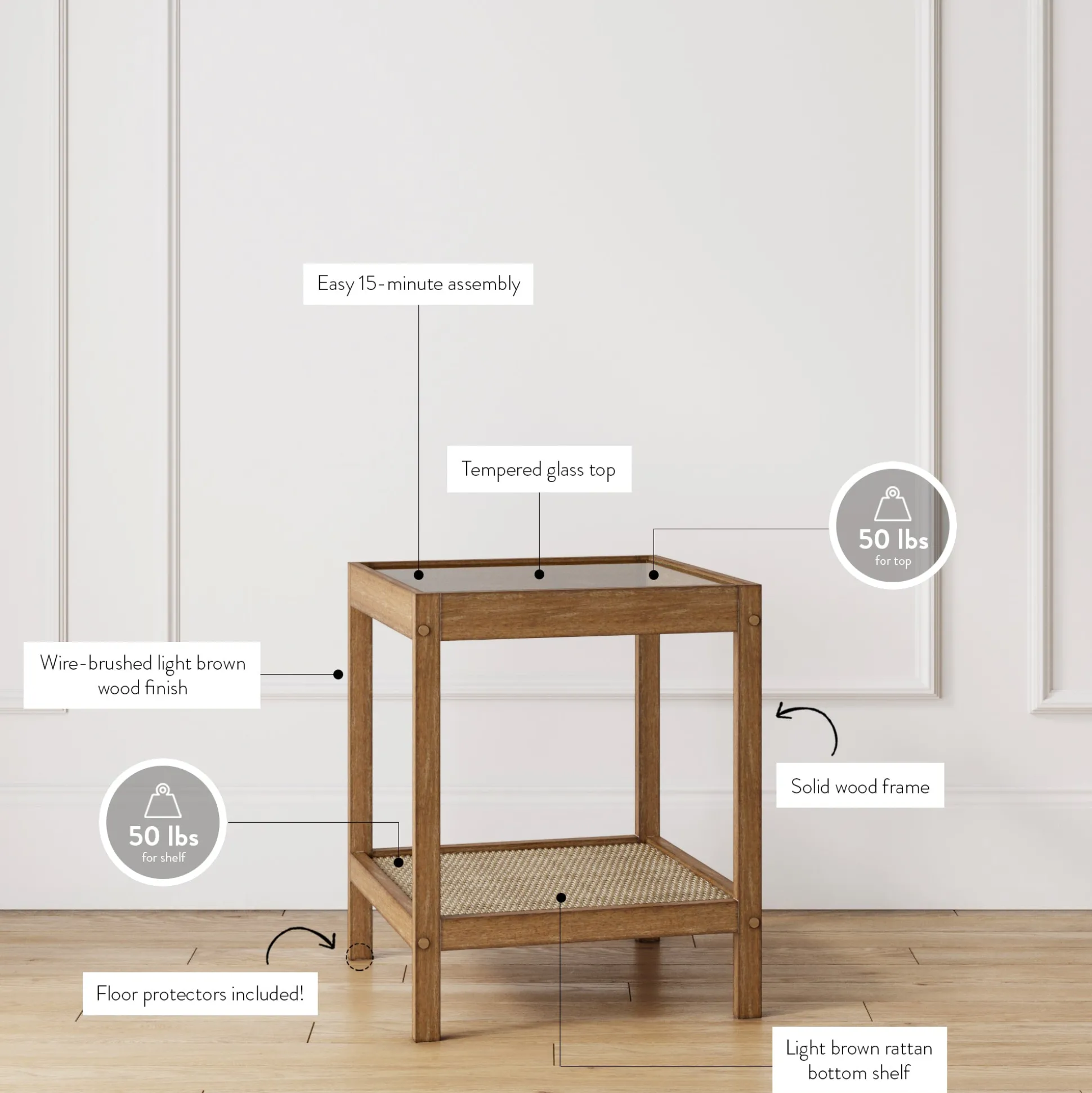 Solid Wood, Rattan & Glass Top End Table