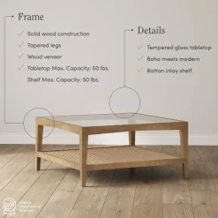 Square Glass & Rattan Coffee Table with Solid Wood Legs