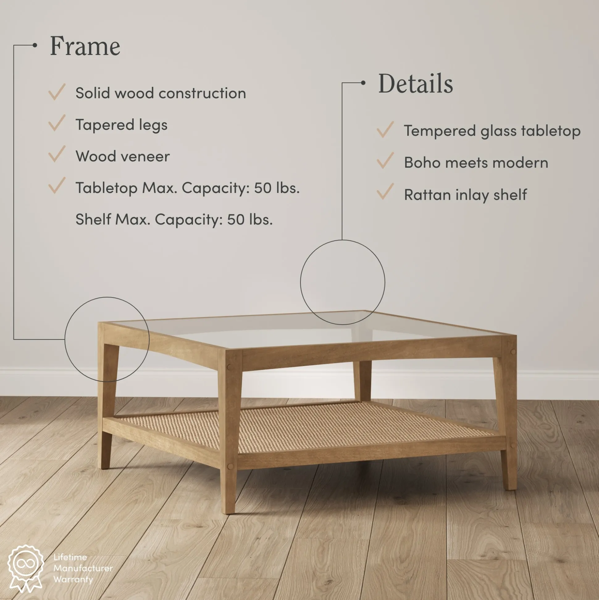 Square Glass & Rattan Coffee Table with Solid Wood Legs