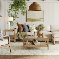 Square Glass & Rattan Coffee Table with Solid Wood Legs